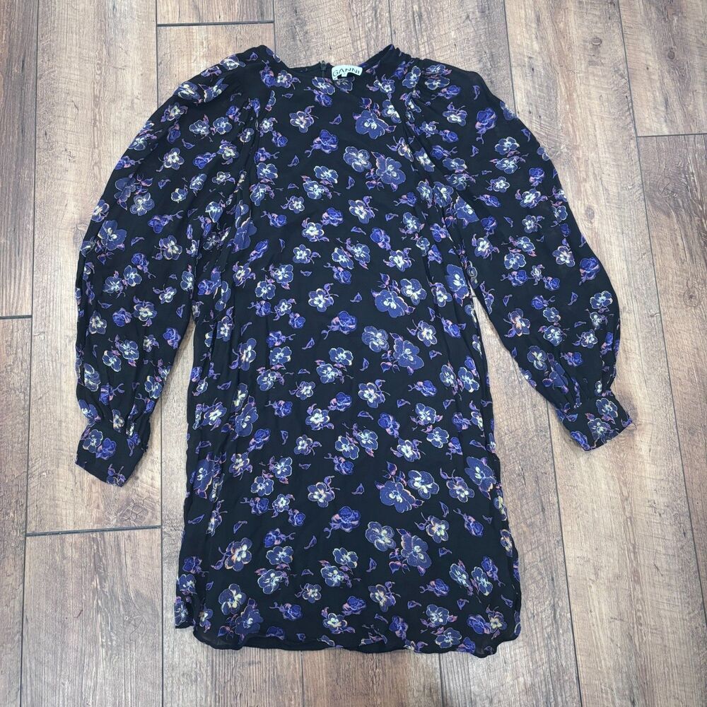 Ganni Women's Black Floral Georgette Mini Long Sleeve Dress Size US Small 4 / 36 - Picture 4 of 11